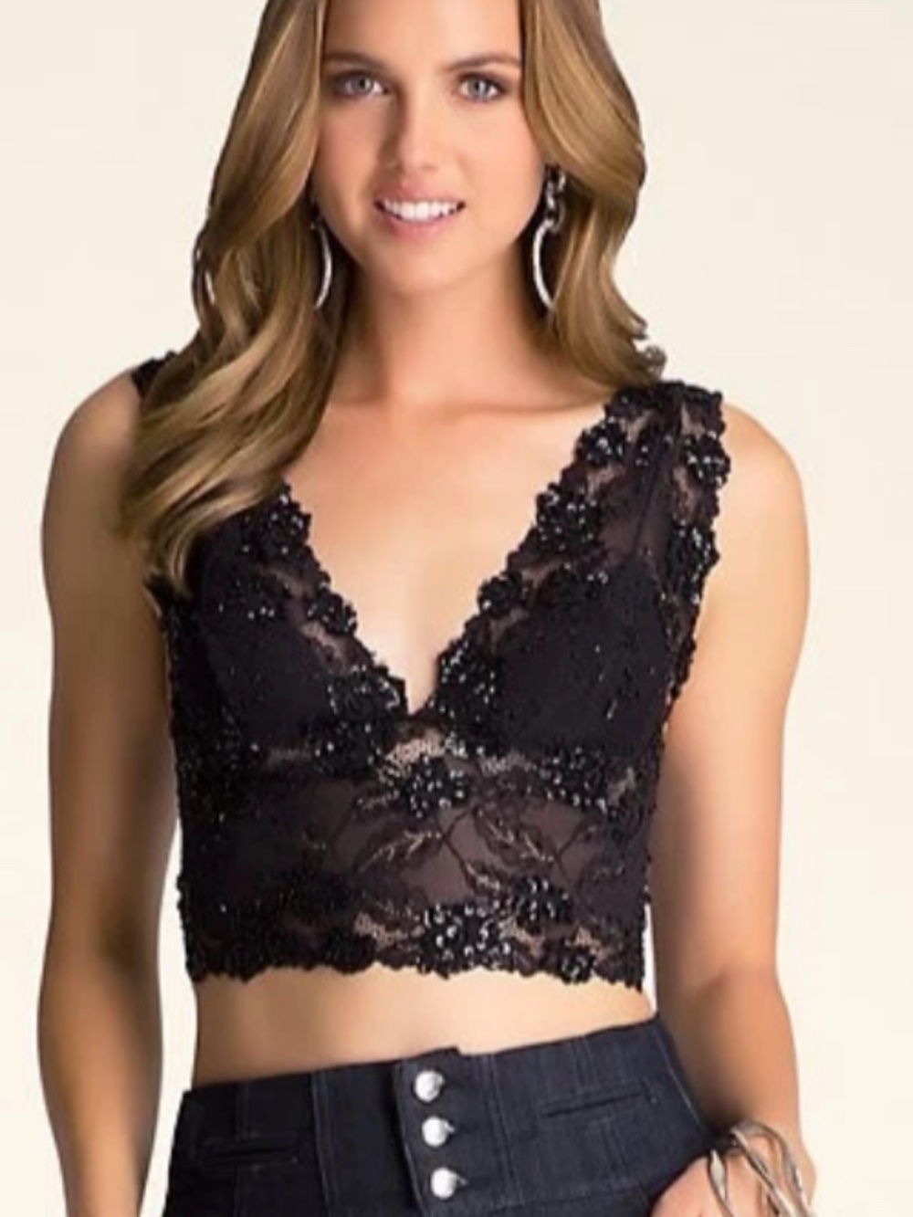 New Bebe black Sequin Beaded Deep V Neck Lace Floral Bustier Crop Top XS 0 2